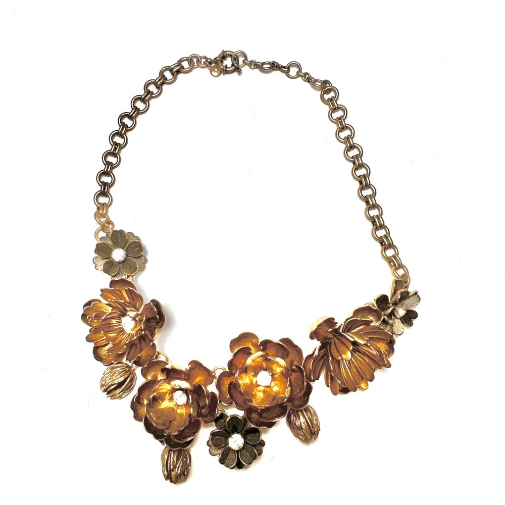 J Crew gold tone flower statement necklace w dust bag
